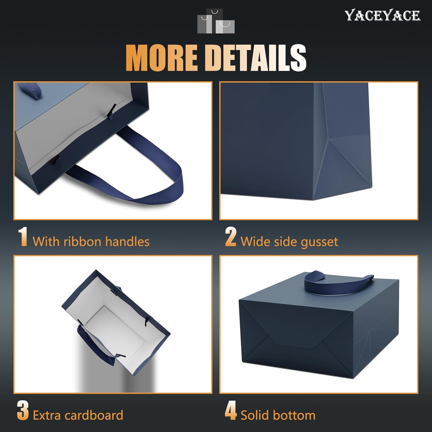 YACEYACE Blue Gift Bags 20Pack, 8"x10" Navy Blue Gift Bags with Ribbon Handles Bulk, Thick Kraft Paper Bag, Boutique Bag for Shop, Merchandise,Retail