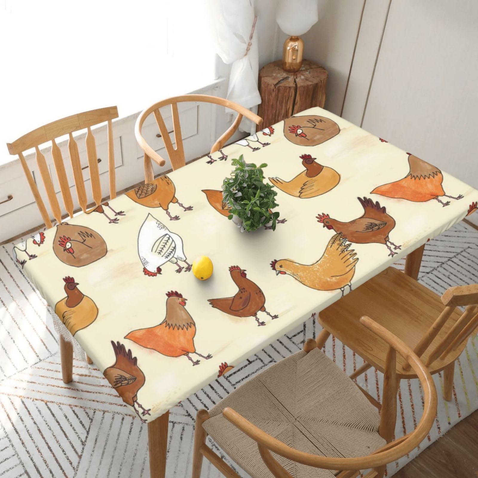 DCEHGEW Elastic Fitted Rectangle Tablecloth for 5ft Tables, Chicken Pattern Printed Oilproof & Washable Fabric Picnic Table Cloth Table Covers