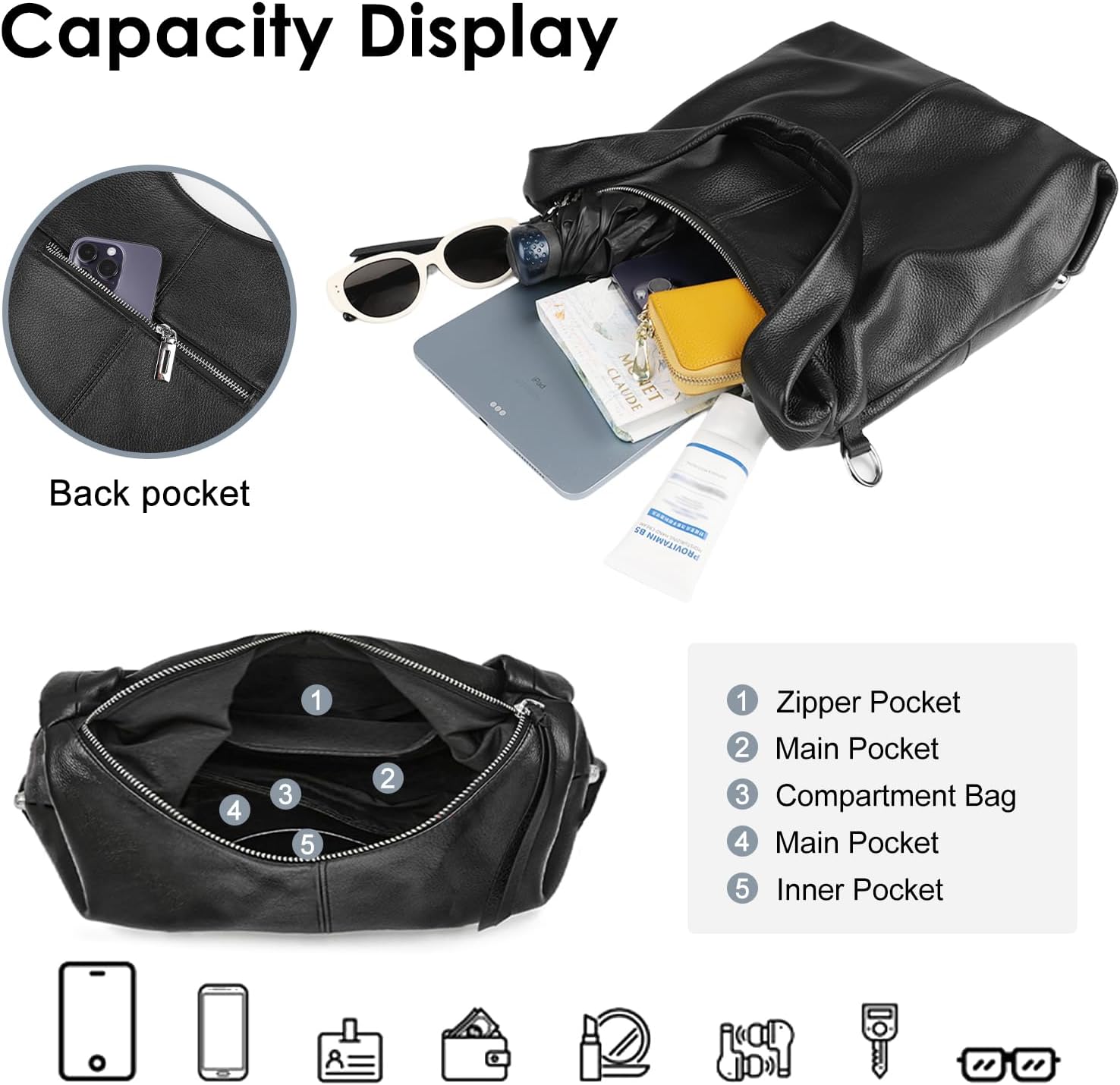 Genuine Leather Hobo Bags, Tote Bag for Women, Slouchy Shoulder Purse, Crossbody Handbags with Removable Strap - Image 4