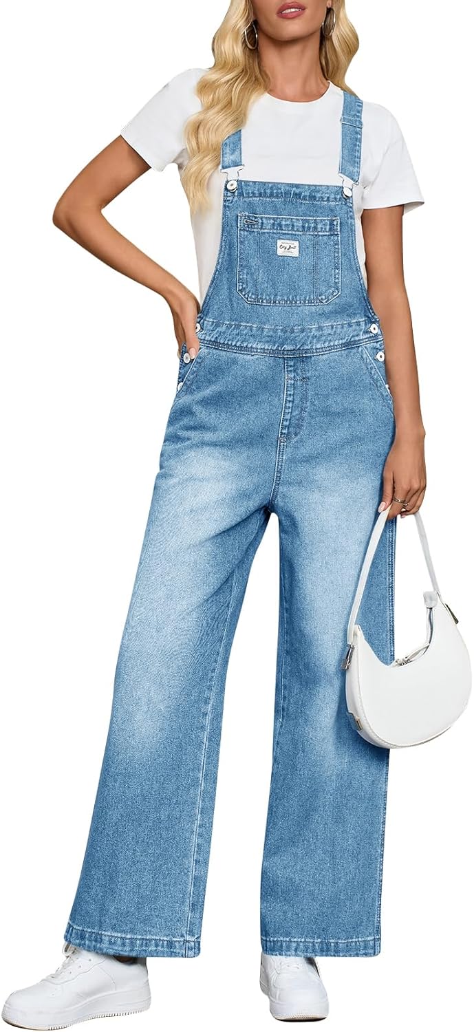 Cicy Bell Women's Denim Bib Overalls Casual Adjustable Strap Wide Leg Jean Jumpsuits Loose Fit Long Rompers with Pockets