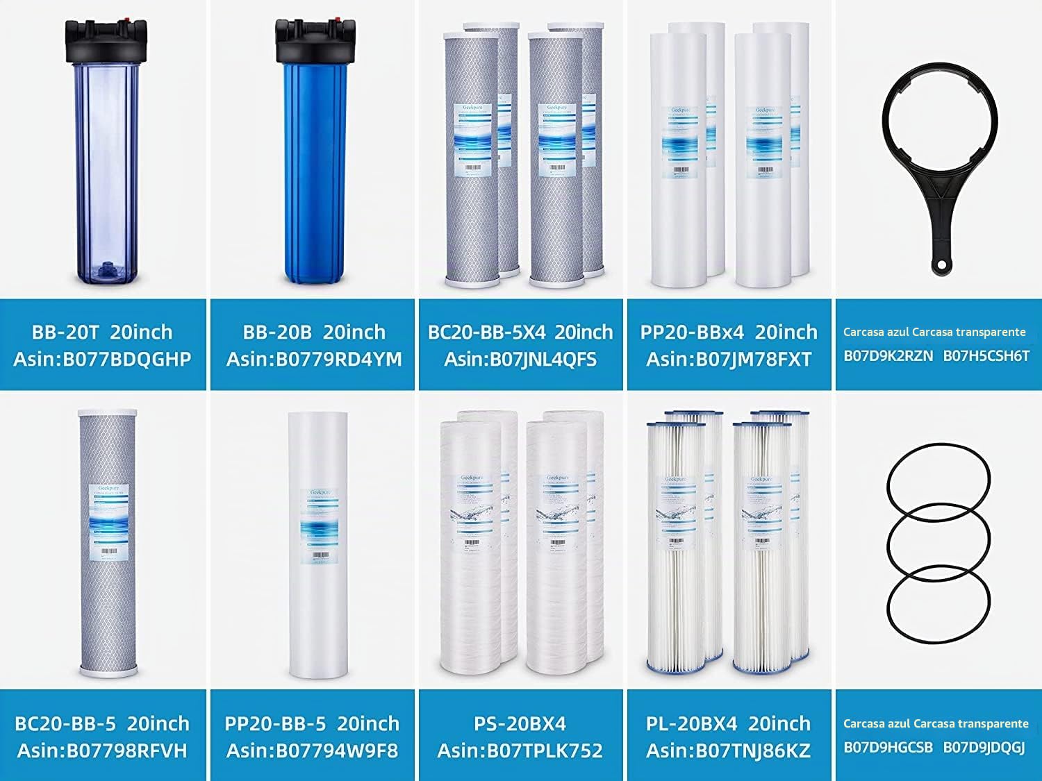 Geekpure Caja del filtro de agua para toda la casa de 20 pulgadas Salida/entrada de 1 pulgada con llave y soporte - 4,5 "x 20" - Color azul (1)