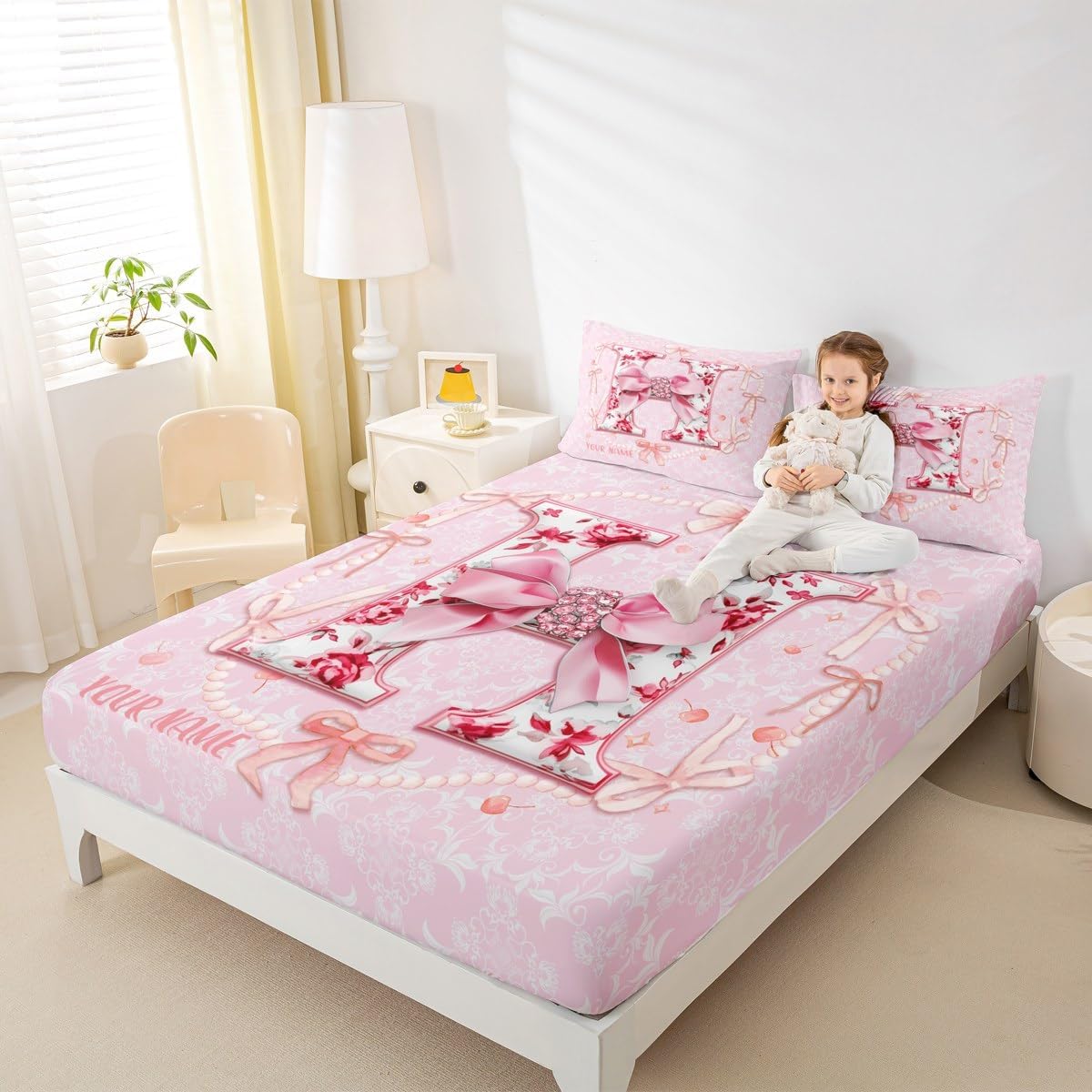 Erosebridal Personalized 3D Initial Letter H Fitted Sheet Queen with Unique Bow Design Coquette Pink Bow Bed Sheets Aesthetic Bowknot Cute Preppy Bedding Set Flower Floral Monogrammed Sheets(H)