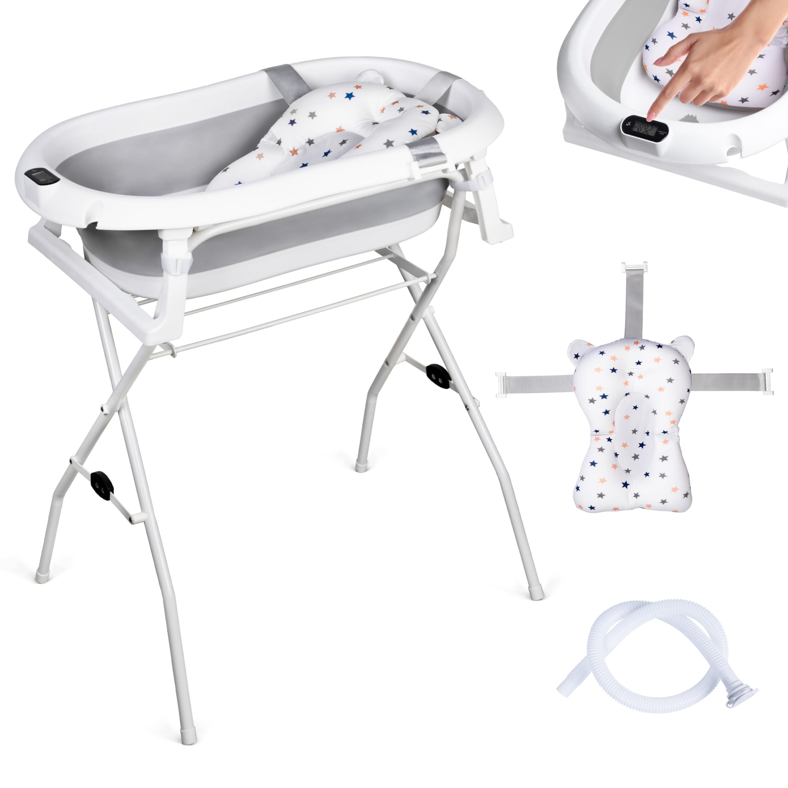 moovkee. Babybadewanne mit Gestell 80cm - Grau Baby Badewanne Faltbar mit Thermometer, Badekissen und Abflusssystem - Babywanne mit Ständer Sicher für Ihr Neugeborenes