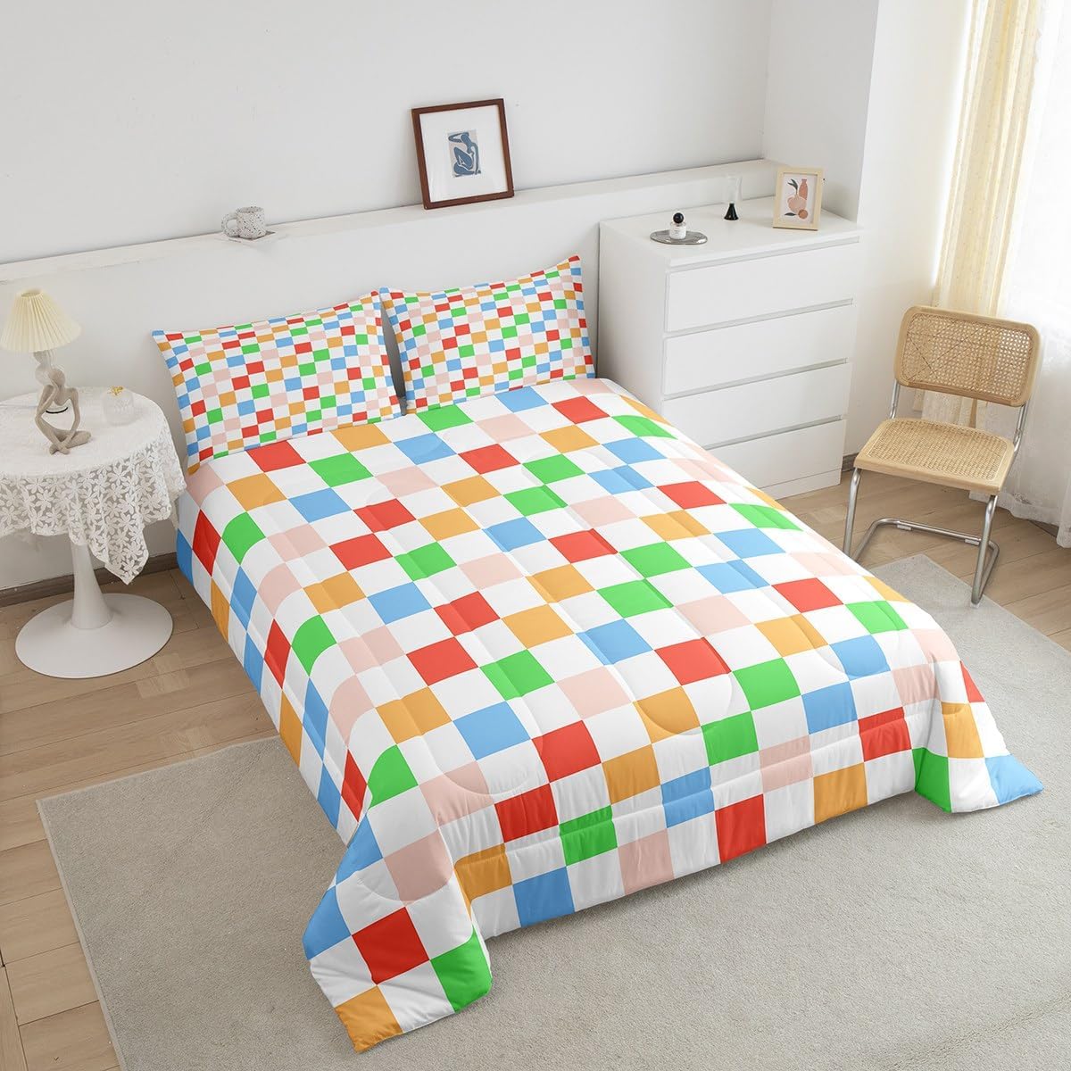 Geometric Plaids Patchwork Kids Comforter Set Twin Size,Abstract Checkerboard Artwork Bedding Set,Boys Girls Room Decor,Checkered Latticed Chic Down Comforter,Colorful Duvet Insert,1 Pillowcase