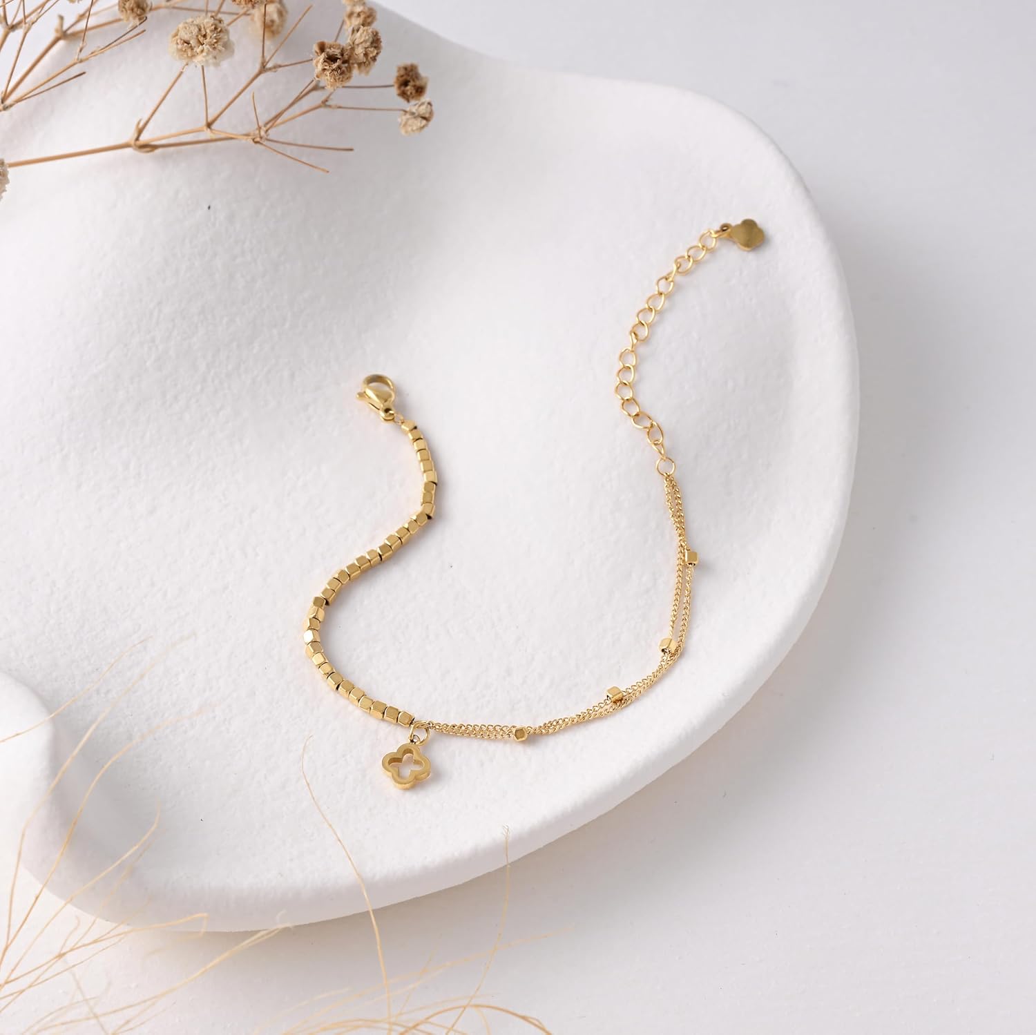 Billet-doux 18k Gold Plated Clover Flower Bracelet for Women, White/Black/Gold Flower Clover Motif Link Chain Bracelets, Adjustable size, Trendy Charm Jewelry Gifts for Women - Image 2