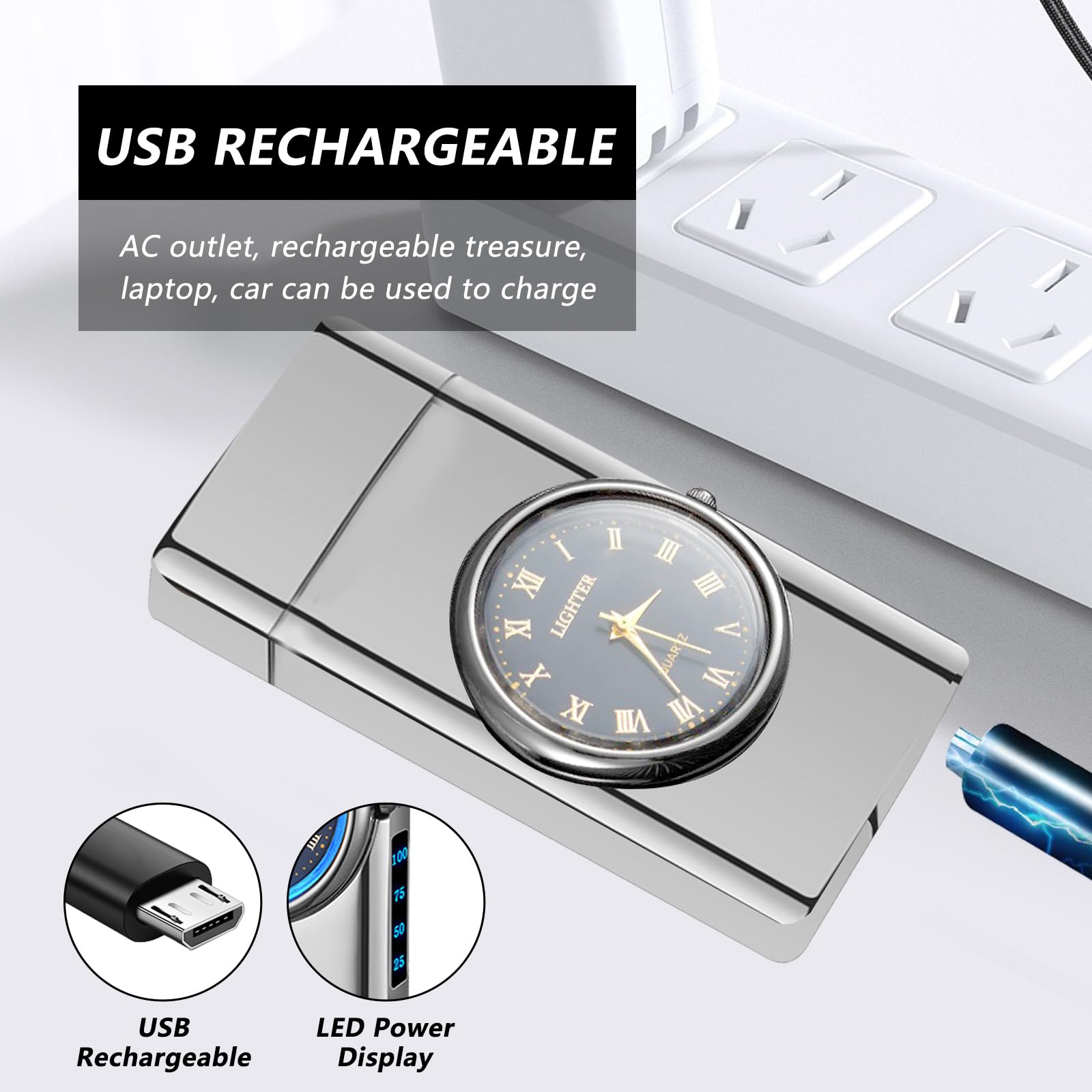 Mechero eléctrico de arco eléctrico, recargable por USB, de plasma, resistente al viento, recargable, para velas, cocina, regalo (plata, monocolor)