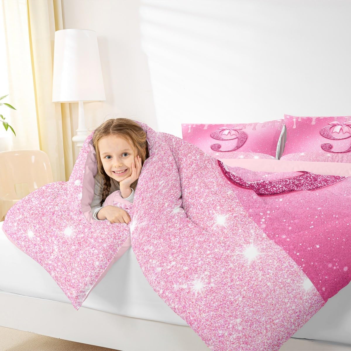 jejeloiu Pink Glitter Bow Bedding Set for Boys Girls,First Birthday Pink Number 9 Comforter Set Twin Size One Year Old Duvet Quilt Anniversary Decor Personalized Number 9 2 Pcs with 1 Pillow Cases