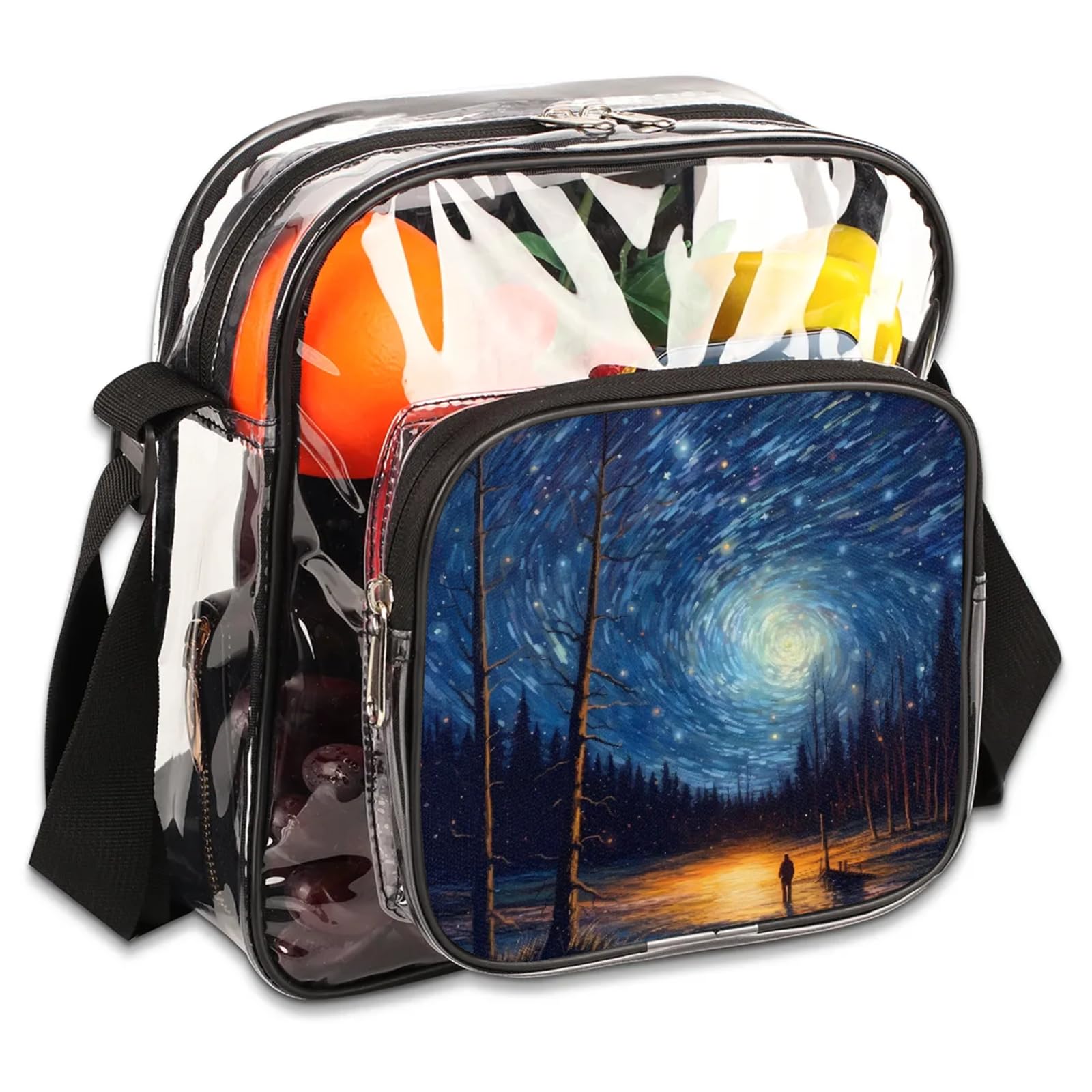 Clear Crossbody Bag Stadium Approved Art Starry Sky Transparent Bag for Festivals, Sports Events, Concerts,Beach Bag for Women Men Clear Purse with Front Pocket Messenger Bag with Adjustable Strap