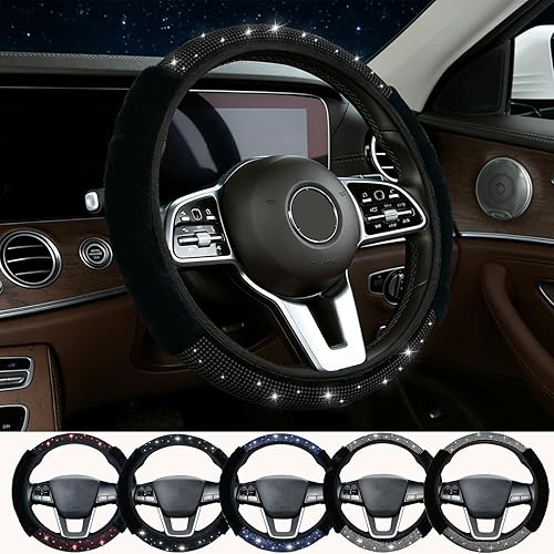 Funda para volante para mujeres y niñas, con diamantes de imitación negros, piel brillante, accesorios elásticos para volante, fundas elásticas para