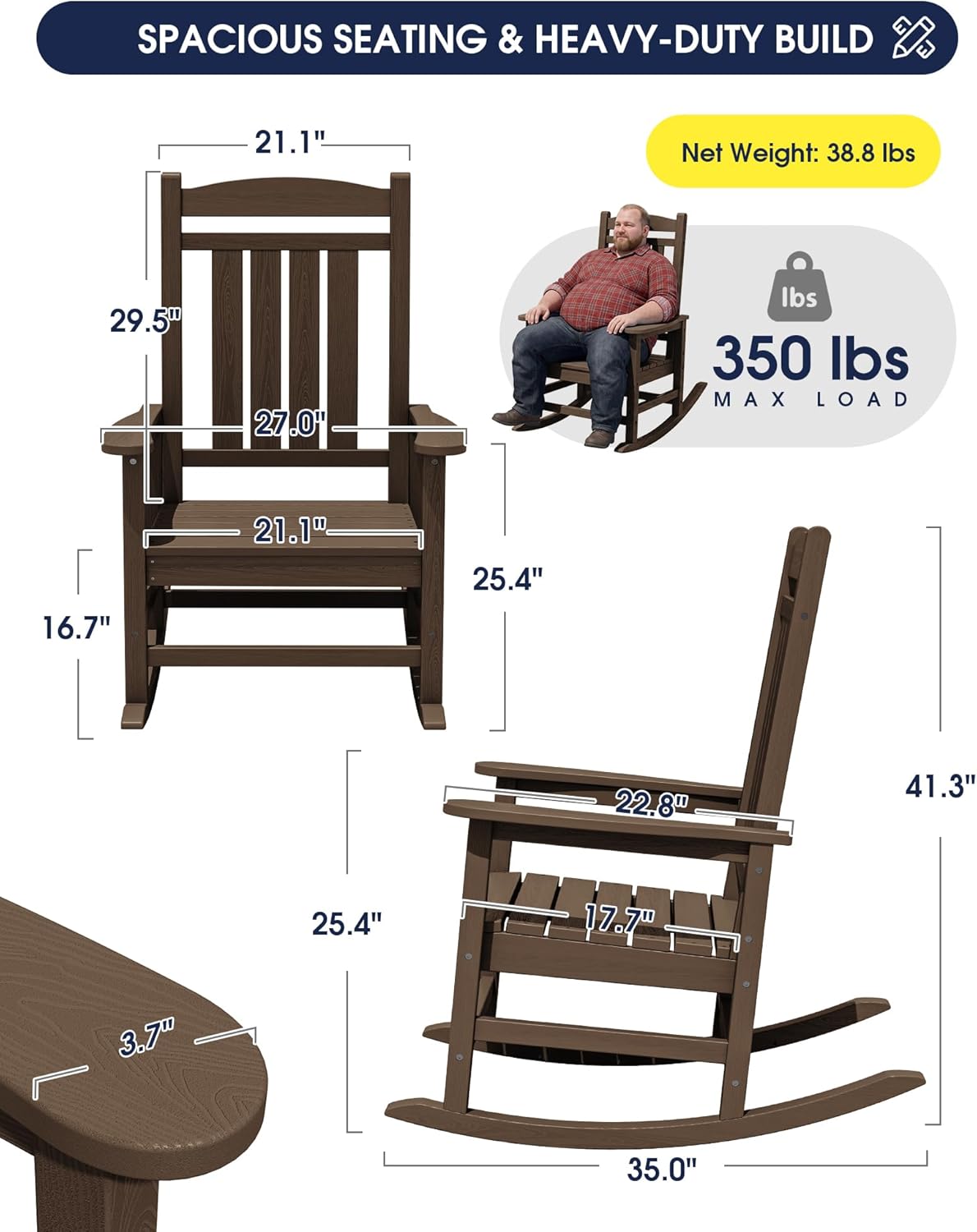 KINGYES HDPE Rocking Chairs Outdoor, Patio Rocking Chairs with 350lbs Support, Smooth Porch Rocker for Deck Lawn Yard, Coffee Brown