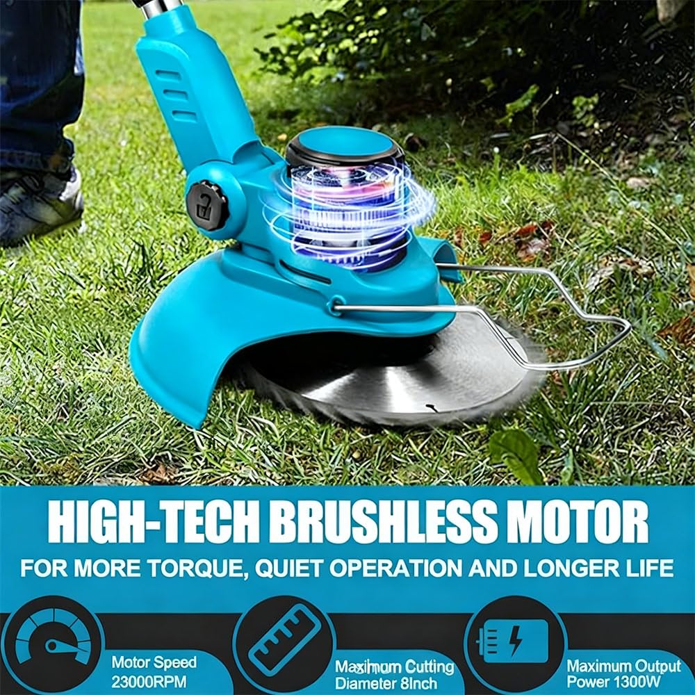 Desbrozadora Electrica 1000W,Desbrozadora Bateria con Baterías de 6000 mAh,Varilla y Cabezal Ajustables Rueda Auxiliar Desmontable, Ancho de Trabajo 23 cm, 3 Tipos de Cuchillas (Azul C)