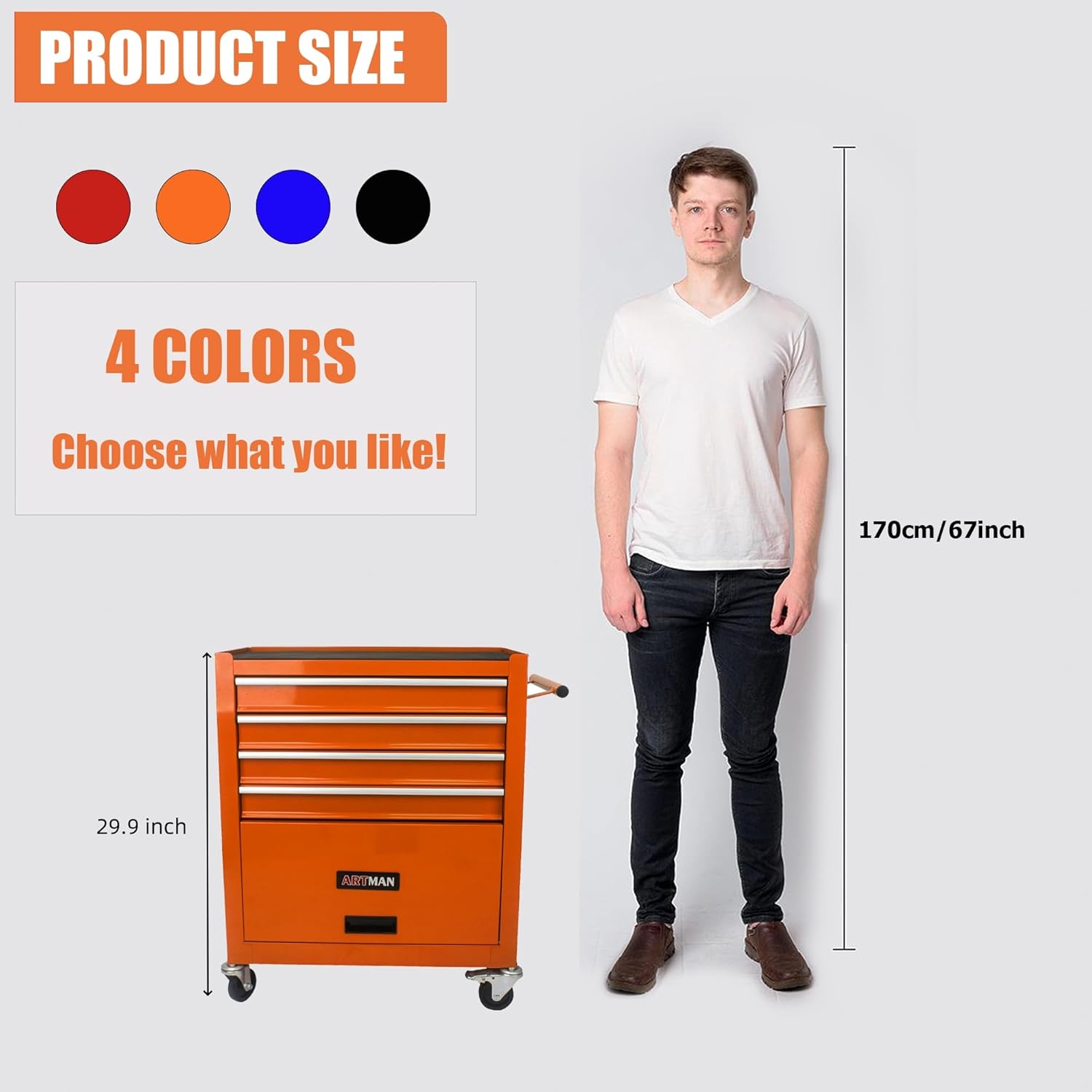 4 Drawers Rolling Tool Cart on Wheels, Trolley Organizer Tool Case Tool Chest, Multifunctional Tool Storage Tool Box for Workshop, Garage, Warehouse, Repair Shop(24.2"W×12.9"D×29.9"H-Orange)