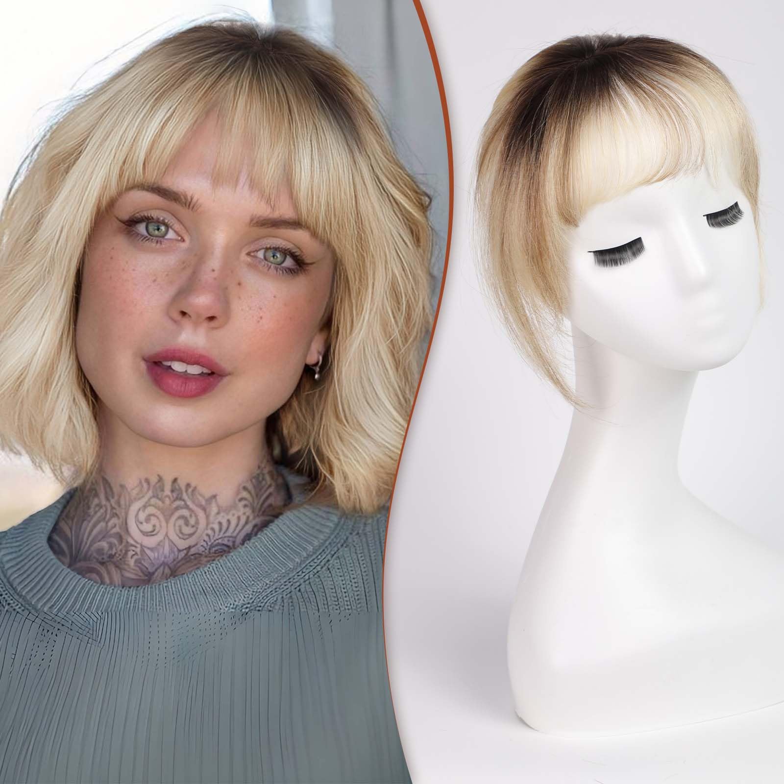 HAIRCUBE Bangs Hair Clip in Bangs 100% Real Human Hair Bangs Clip in Hair Extensions Fake Bangs Air Bangs Hairpieces for woman with Temples 3 Secure Clips in Full Fringe (Ombre T2-#6/#613)