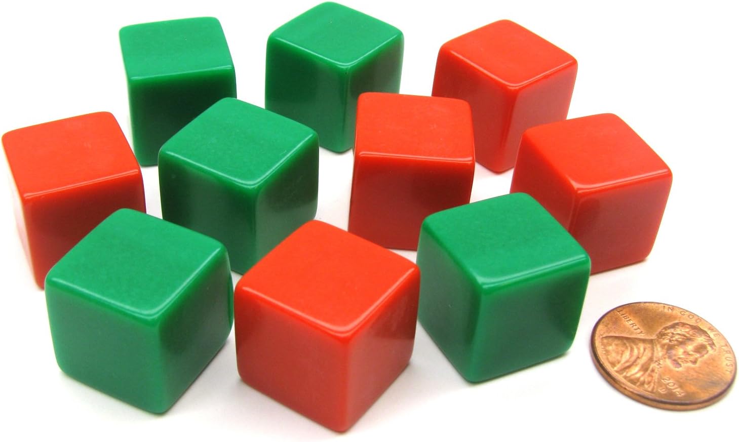 Set of 10 D6 16mm Blank Opaque Christmas Dice - 5 Green and 5 Red
