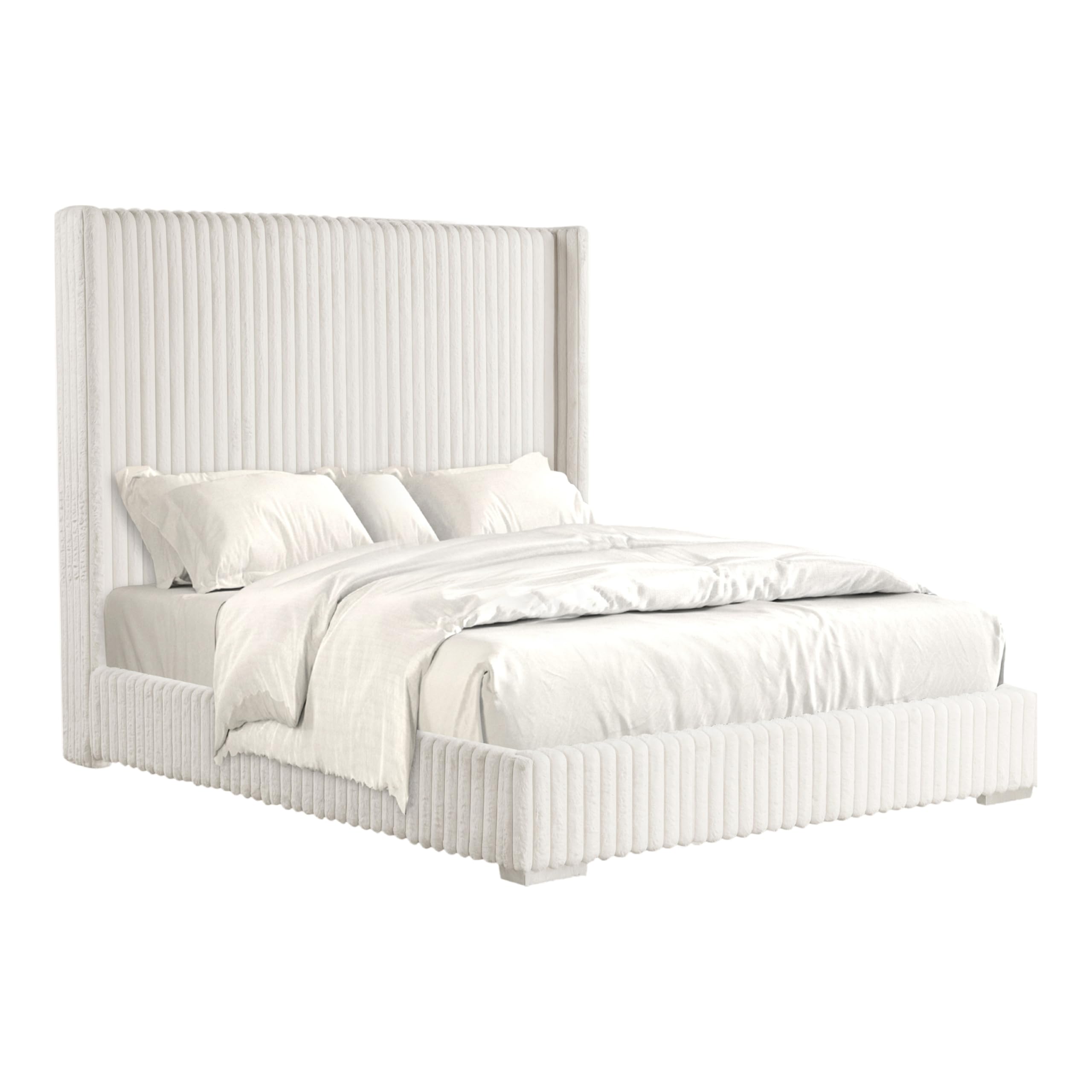 Furniture of America Plutforn Modern Wood 65-inch Queen Platform Bed with Fur Chenille Fabric, No Box Spring Required for Bedroom, Guest Room, White