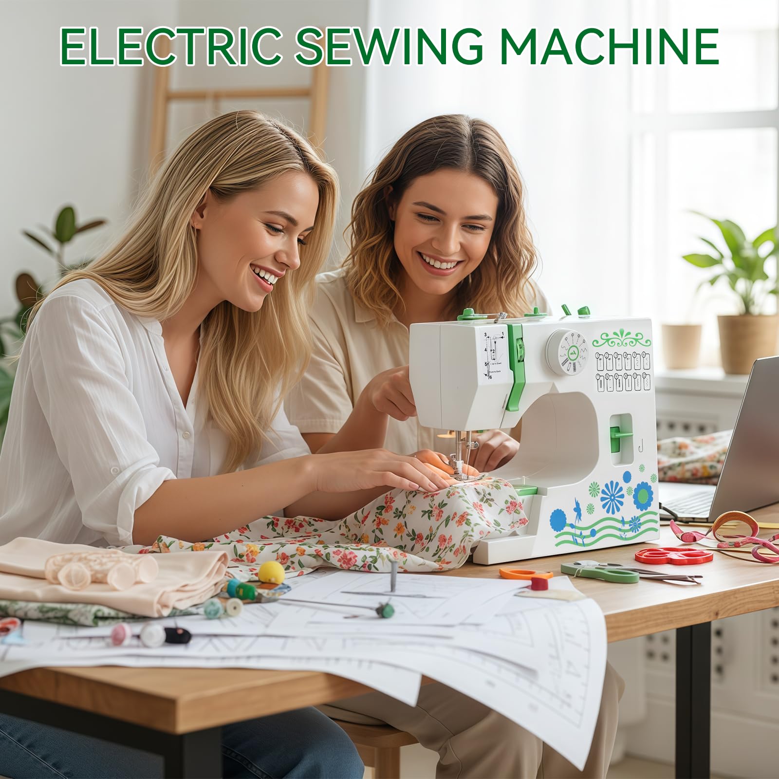 Machine à Coudre Portable Débutant, Qoosea 12 Modèles de Points Sewing Machine avec Kit Accessoires et Lumière LED, Multifonction Petite Machine à Coudre électrique pour DIY et Vêtements Vert