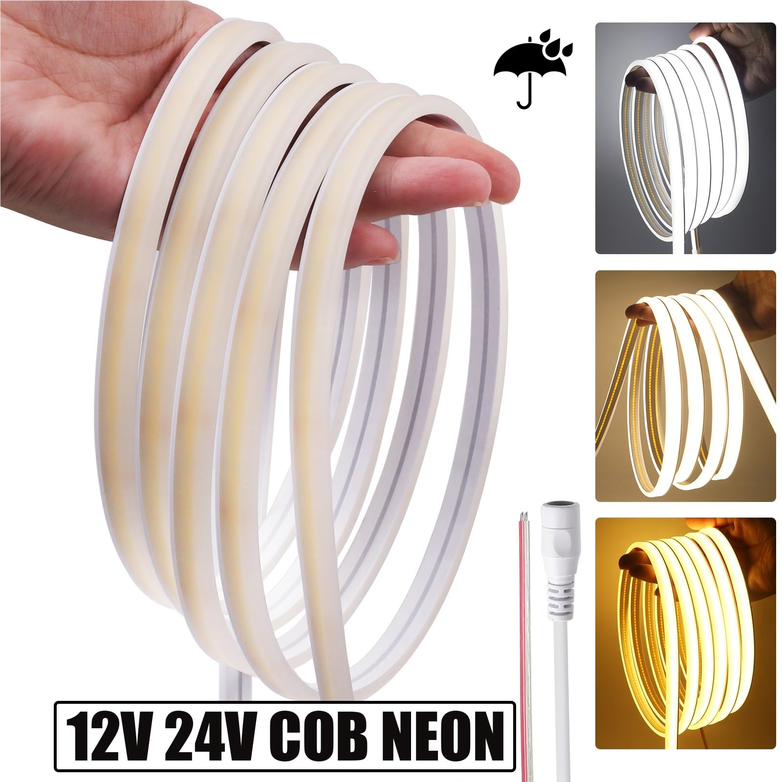 Neonowa taśma LED 0,5-20 m 12 V/24 V COB | 320 diod LED/M ultra jasna, wodoodporność IP67, 3000 K-6000 K, oświetlenie do ogrodu domowego (ciepła biel DC, DC 12 V 10 m)