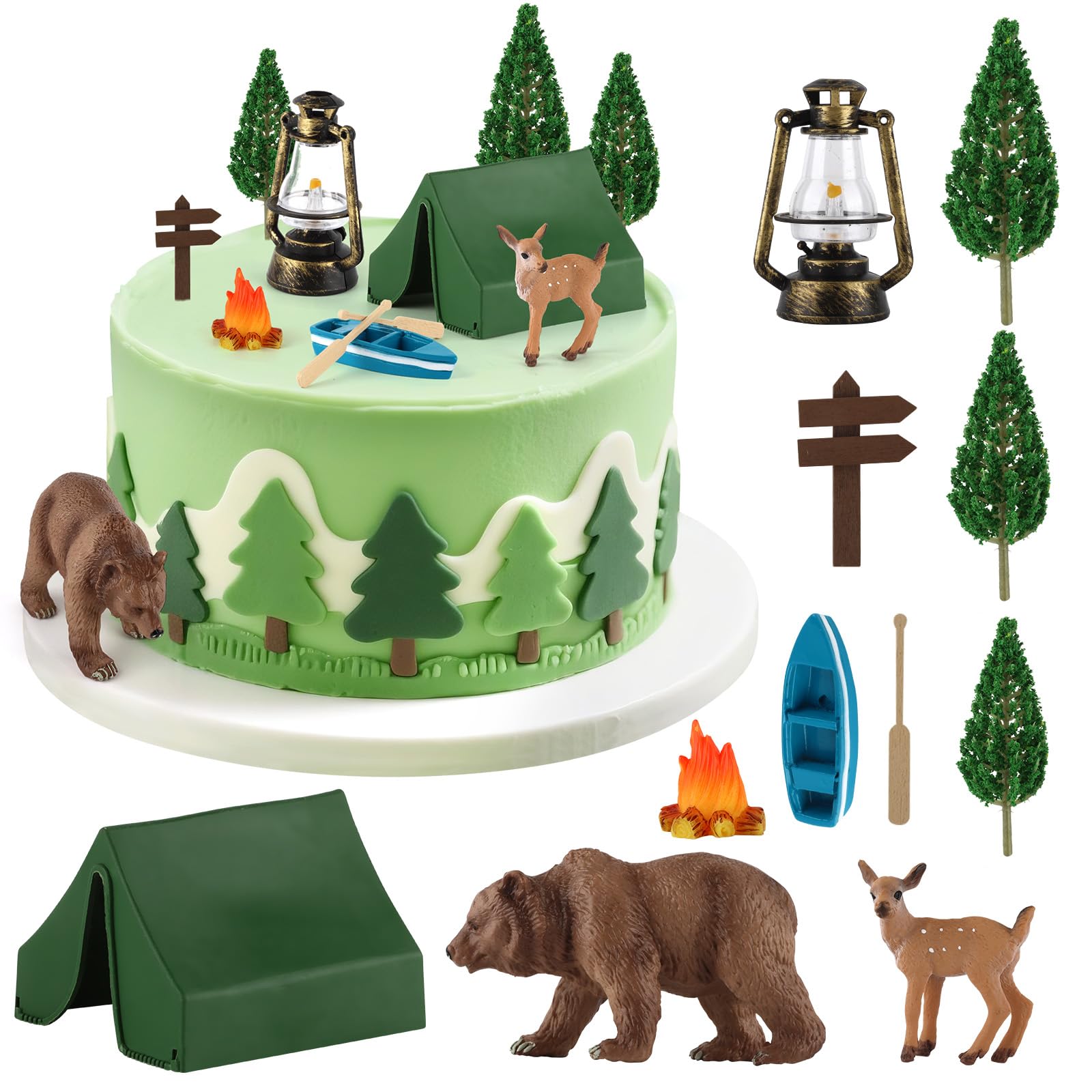 Camping Cake Topper Decorations Include Tent Bonfire Tree Boat Bear Deer Camping Themed Party Cake Decoration for Kids Adults Camper Forest Theme Birthday Party Supplies