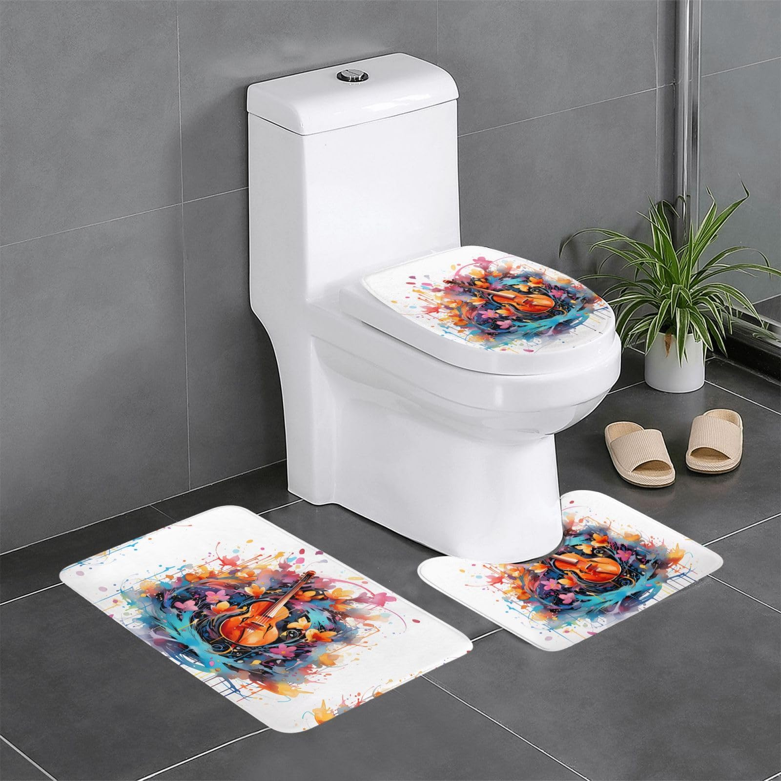 Tapis toilette et coiffeuse motifs notes colorées pour ambiance de salle de bain