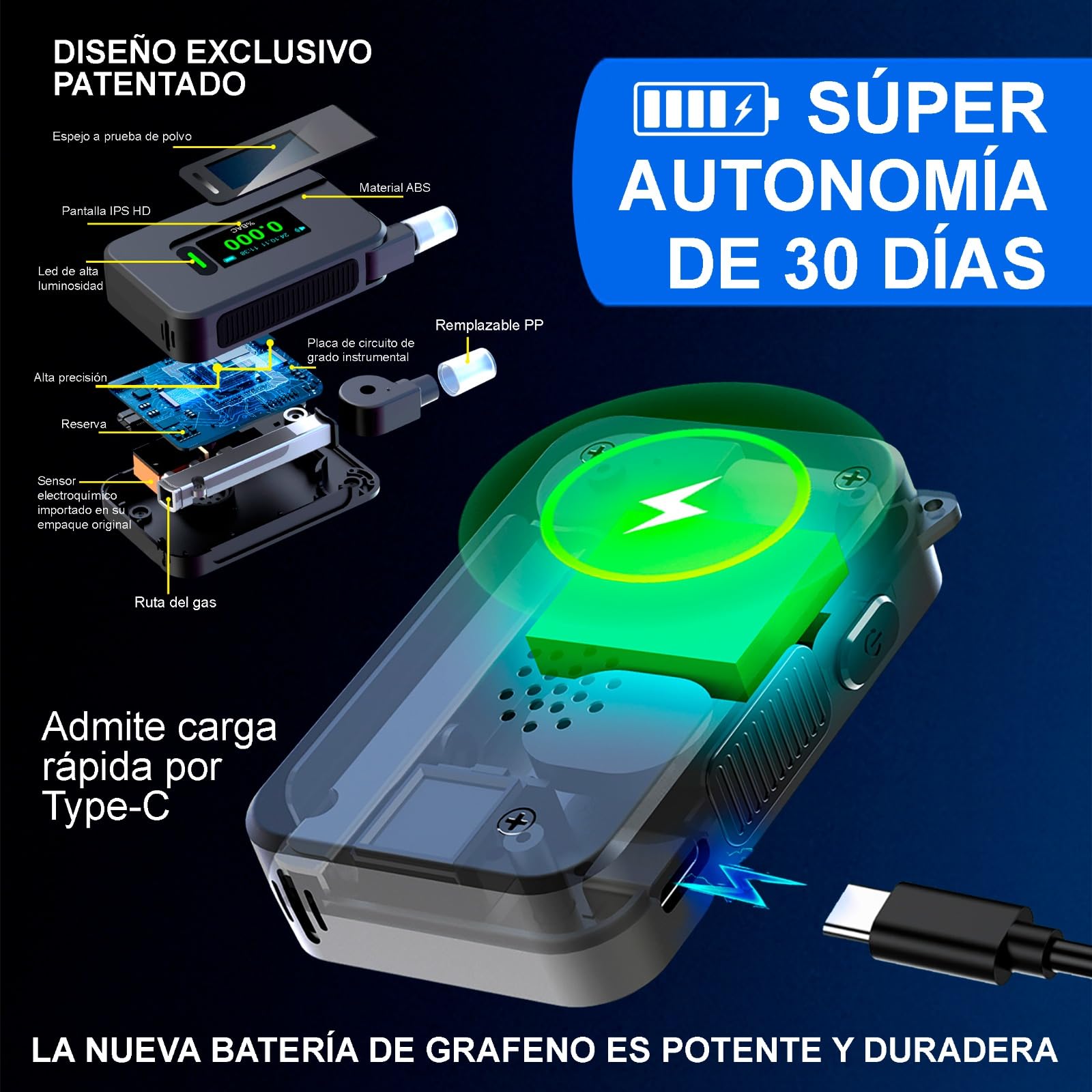 WENZA Alcoholimetro Homologado España con 16 Boquillas - Sensor Electroquímico de Alta Precisión con Pantalla LDC en Español- Etilometro Digital Recargable - Test alcoholemia Portátil