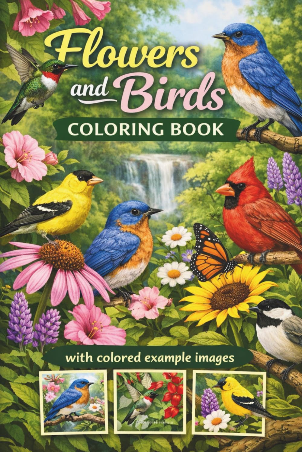 Flowers and Birds Coloring Book: with colored example images