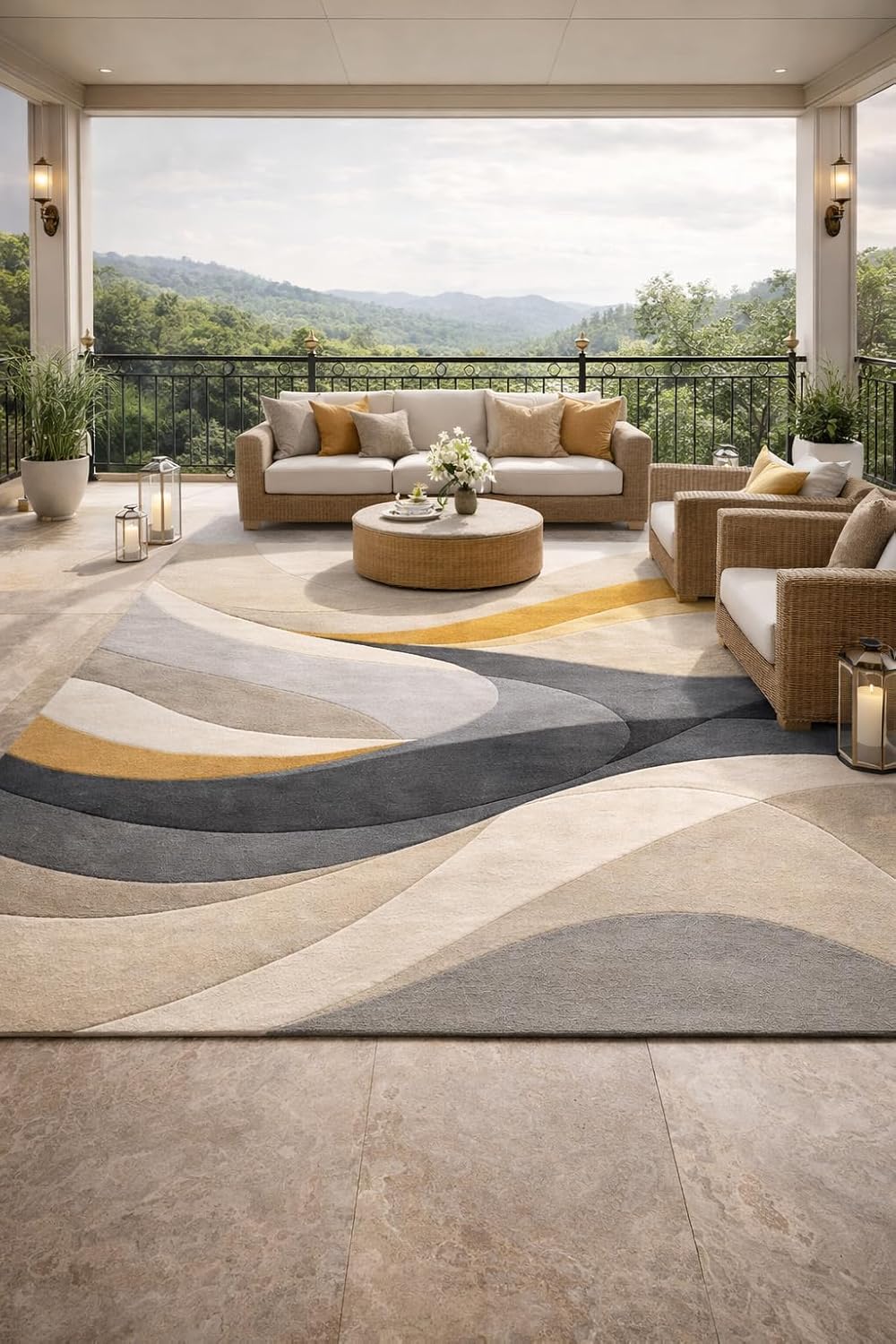 Modern Abstract Area Rug, Wavy Geometric Pattern, Multi-Color with Beige, Gray, Orange, Black (9 * 10 feet)