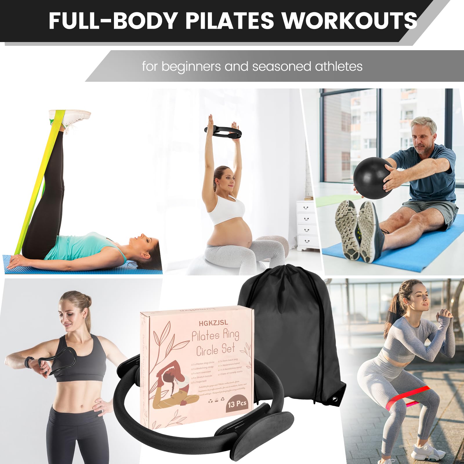 HGKZJSL Home Pilates Essentials Kit for Women,Pilates Equipment Set with 9 Inch Yoga Ball,Figure 8 Resistance Band,Pilates Bands & Accessories,Pilates Ring and Ball Set for Beginners Home Workouts