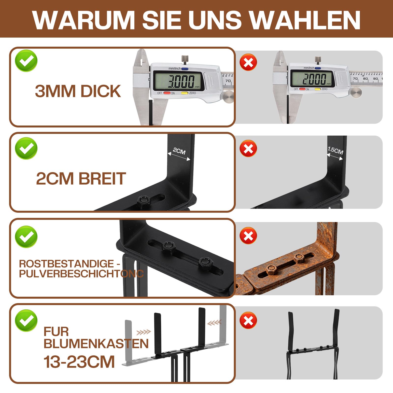2er H-Form Blumenkastenhalterung für Balkongeländer, Ohne Bohren, 2-Fach Verstellbar,Passend für Balkonkasten 15–23 cm und Geländer 1,5–32 cm, Stabiler MetallBalkonkasten Halter (Schwarz, 4)