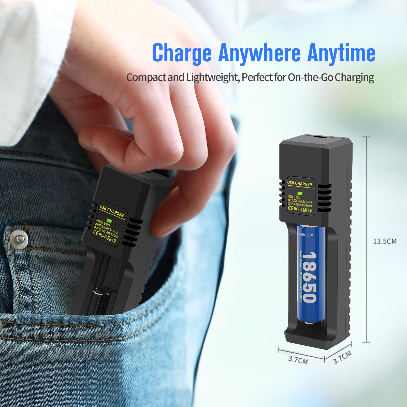 3.7V 18650 Li-ion Battery Charger, USB-C Single Slot Battery Charger for 26650 21700 18650 18500 18350 16650 Rechargeable Batteries