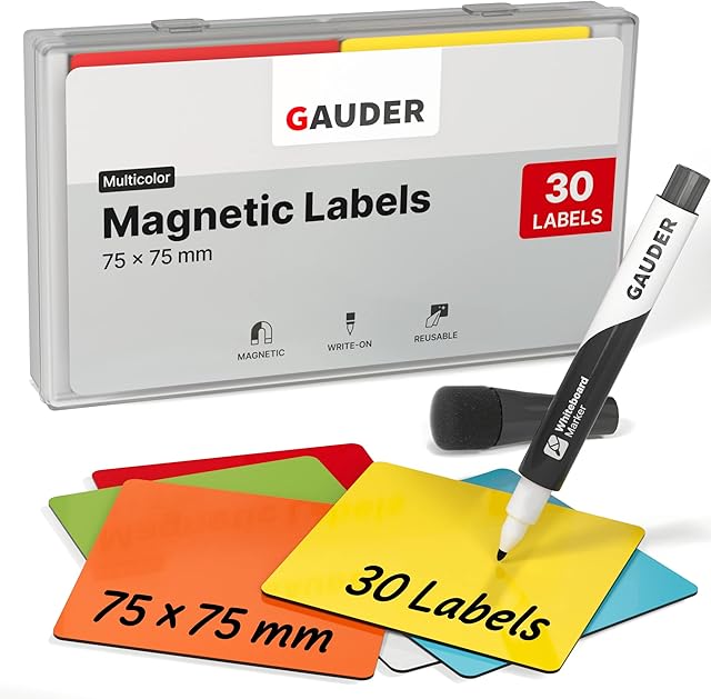 GAUDER Magnetic Dry Erase Labels | (75 x 75 mm) Magnetic Labels to write on | Dry Erase Magnets for Classroom, Whiteboard & Blackboard