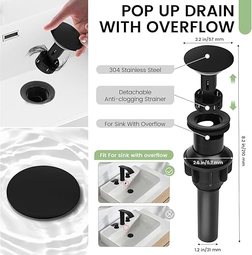 Miniatura 4 de M OUDEMEI Grifo de baño de cascada de 3 agujeros, grifo de lavabo de baño de 8 pulgadas, dos manijas con drenaje desplegable (negro mate)