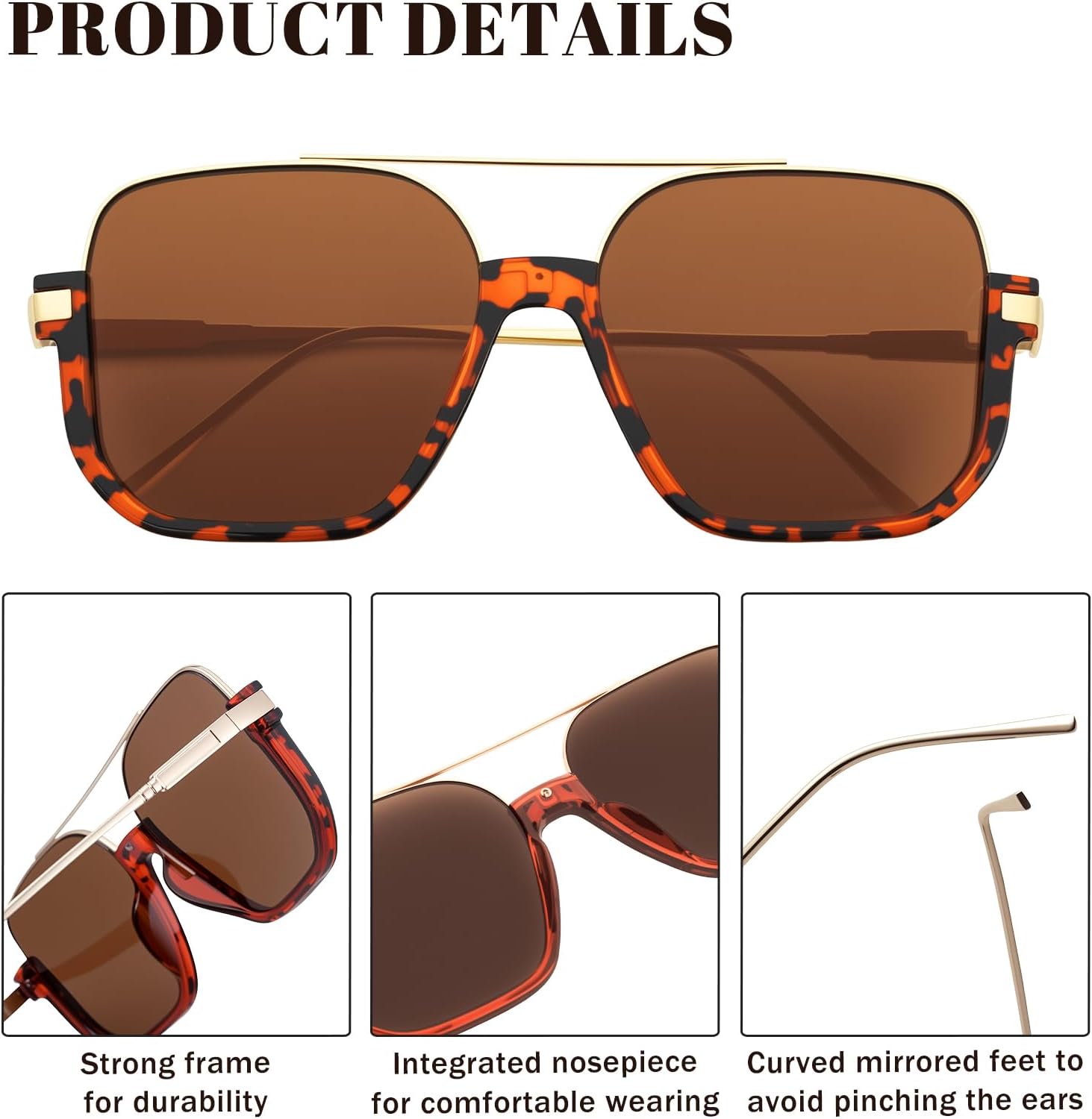 3 Pcs Retro Oversized Aviator Sunglasses for Women Men Square Semi Rimless Sun Glasses 70s Vintage Trendy Shades - Image 3