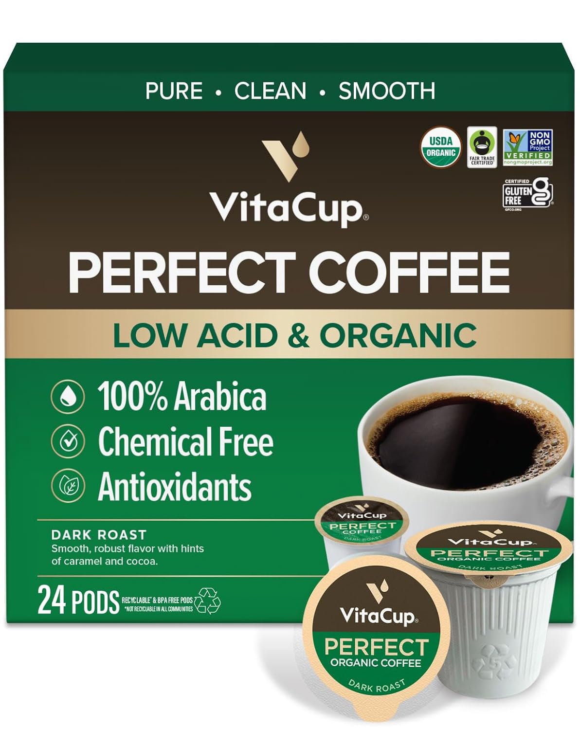 VitaCup Perfect Low Acid Coffee Pods, USDA Organic & Fair Trade, Mycotoxin Free, Dark Roast Guatemala Single Origin, Clean & Pure Single Serve Pod compatible w/Keurig K-Cup Brewers,24 CT