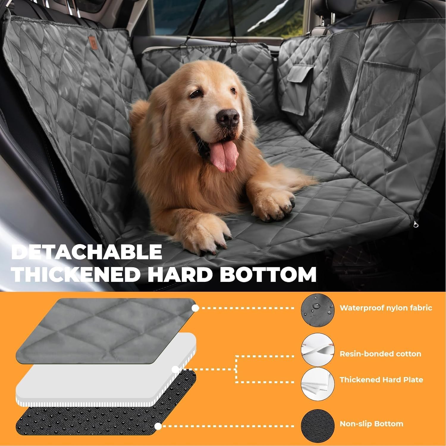 FUNNY FUZZY Dog Car Seat Cover, Back Seat Extender for Dogs - 420Lb Hard Bottom Waterproof Pet Car Seat Cover, 600D Heavy Duty Pet Hammock with Non-Slip Bottom for Cars, SUV, Trucks