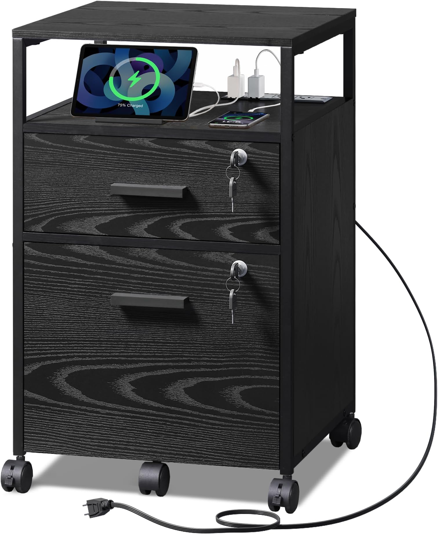 DEVAISE 2 Drawer Wood File Cabinet with Lock & Charging Station, Black