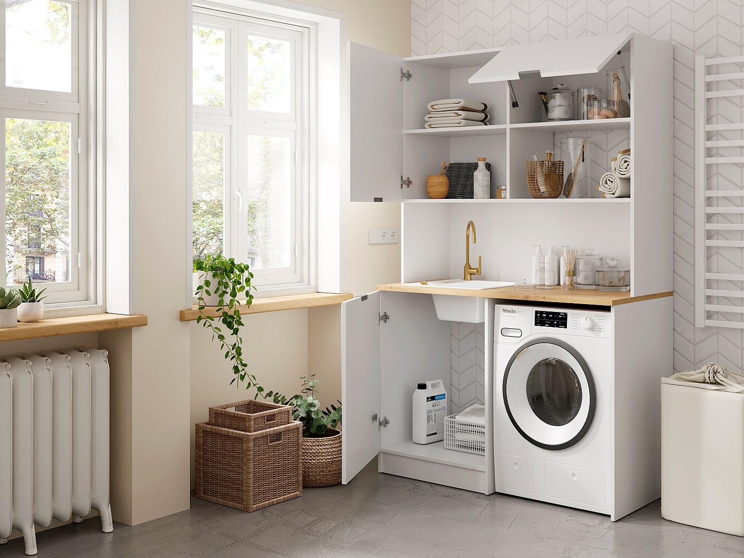 Vente-unique-Cucina multifunzionale e lavanderia Con piano di lavoro 120 cm Bianco e le - CARMEO