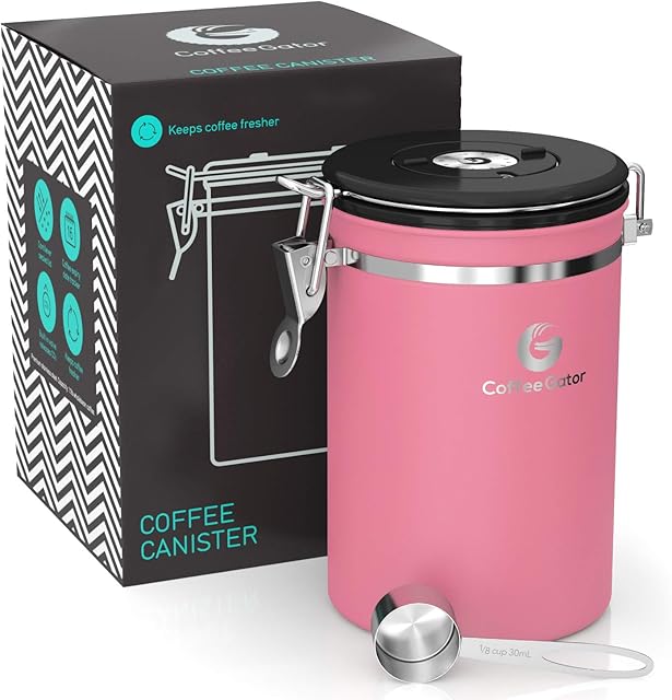 Coffee Gator Stainless Steel Container - Fresher Beans and Grounds for Longer - Canister with Date Tracker, CO2-Release Valve and Measuring Scoop - Large - Pink