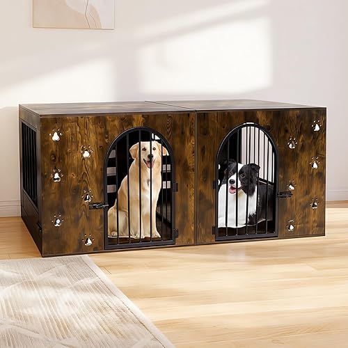 Miniatura 7 de Mueble de jaula para perros de 63" para 1 o 2 perros, perrera individualdoble de servicio pesado con cuencos, jaula de madera y metal estilo granja