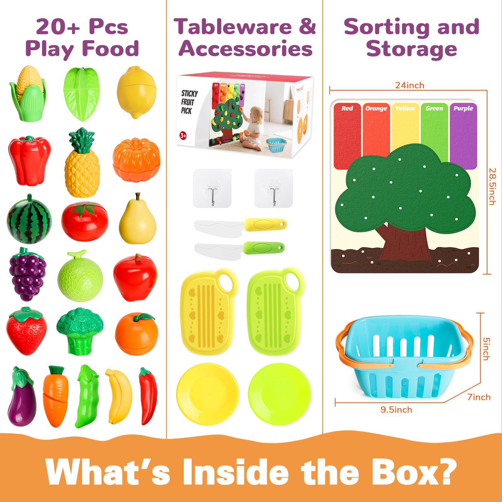 Conjunto Wdebay: fruta para cortar + alfombra de árbol de fieltro. Accesorios para comedores, Juego de comida para cocina infantil. Juguete educativo a partir de 3 años – Regalo para niñas/niños