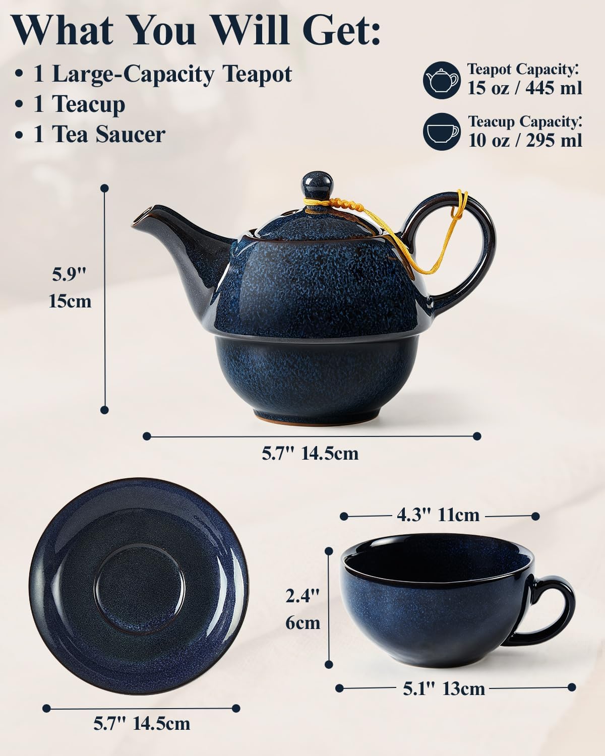 DUJUST Tea for One Set, Kiln Altered Glaze Porcelain Teapot Cup Saucer Set, Unique Tea Sets for Adults/Tea Lovers/Women/Men, Dark Blue