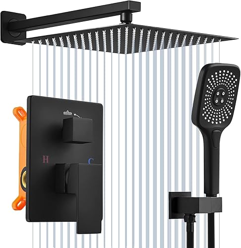 Beati Faucet - Sistemas de ducha color negro mate con cabezal de ducha de lluvia de 12 pulgadas y rociador de mango de mano, juego completo con