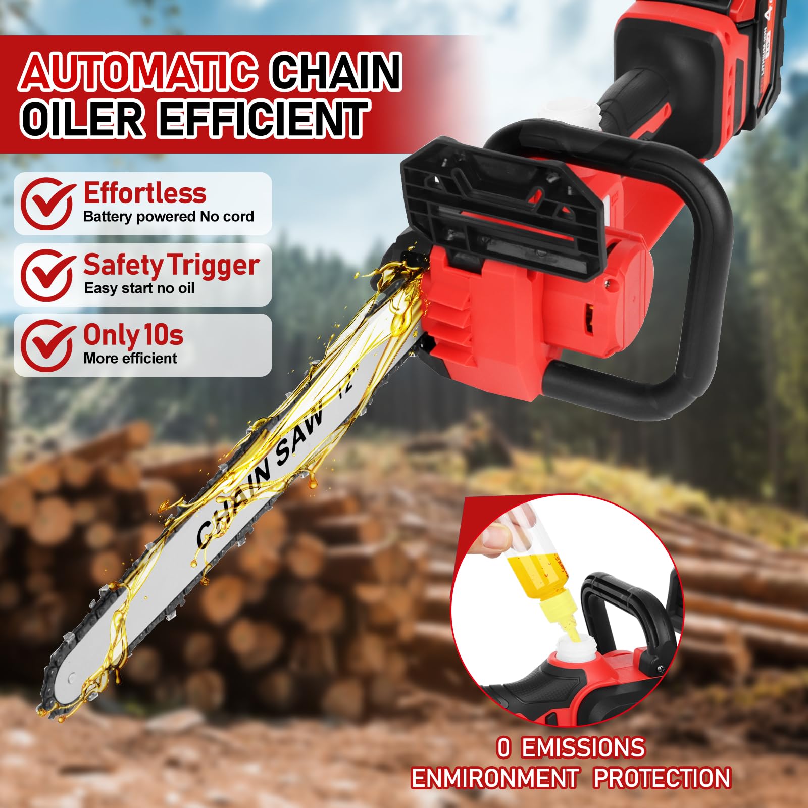 Mini motosierra inalámbrica compatible con batería Milwaukee M18 de 18 V (sin batería) motosierra eléctrica de mano sin escobillas de 12 pulgadas con engrasador automático y bloqueo de seguridad, para