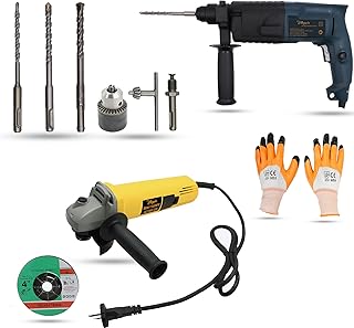 Hillgrove HGCM490M1 20mm Hammer Drill Machine Forward/Reverse Rotation with Angle Grinder,Drill Chunk(13mm),SDS Adapter,3Pcs SDS Plus Bits for Making Holes in Metal/Wood/Concrete(20mm Chuck Size,750W)
