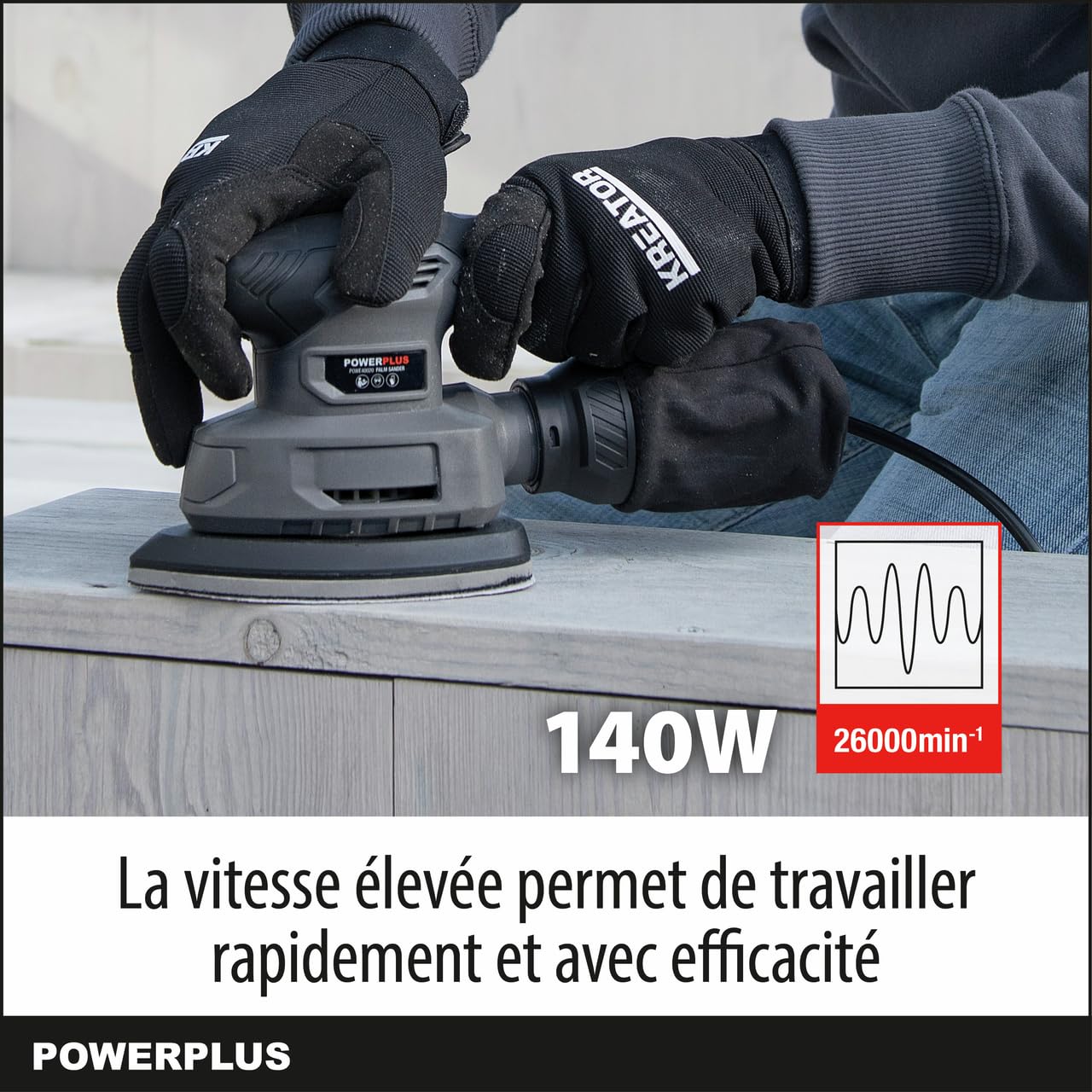 Powerplus Ponceuse à Main Électrique POWE40020-140 W Ponceuse Multifonction, 5 Feuilles de Papier Abrasif, Sac de Collecte des Poussières