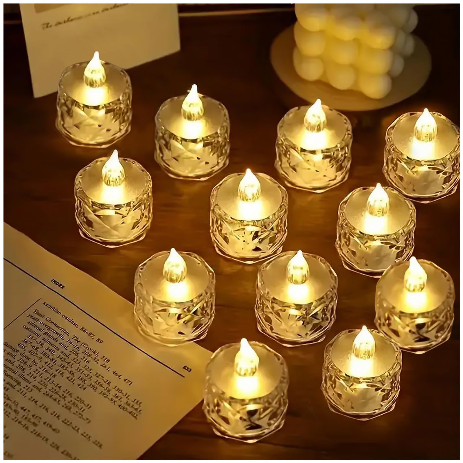 12 Pcs LED Tea Light Candles, Transparent Rhombus Crystal Warm Lights, Battery Operated Fake Candles Light, Battery Tea Lights Non Flickering for Votive Party Wedding Birthday Home Decoration