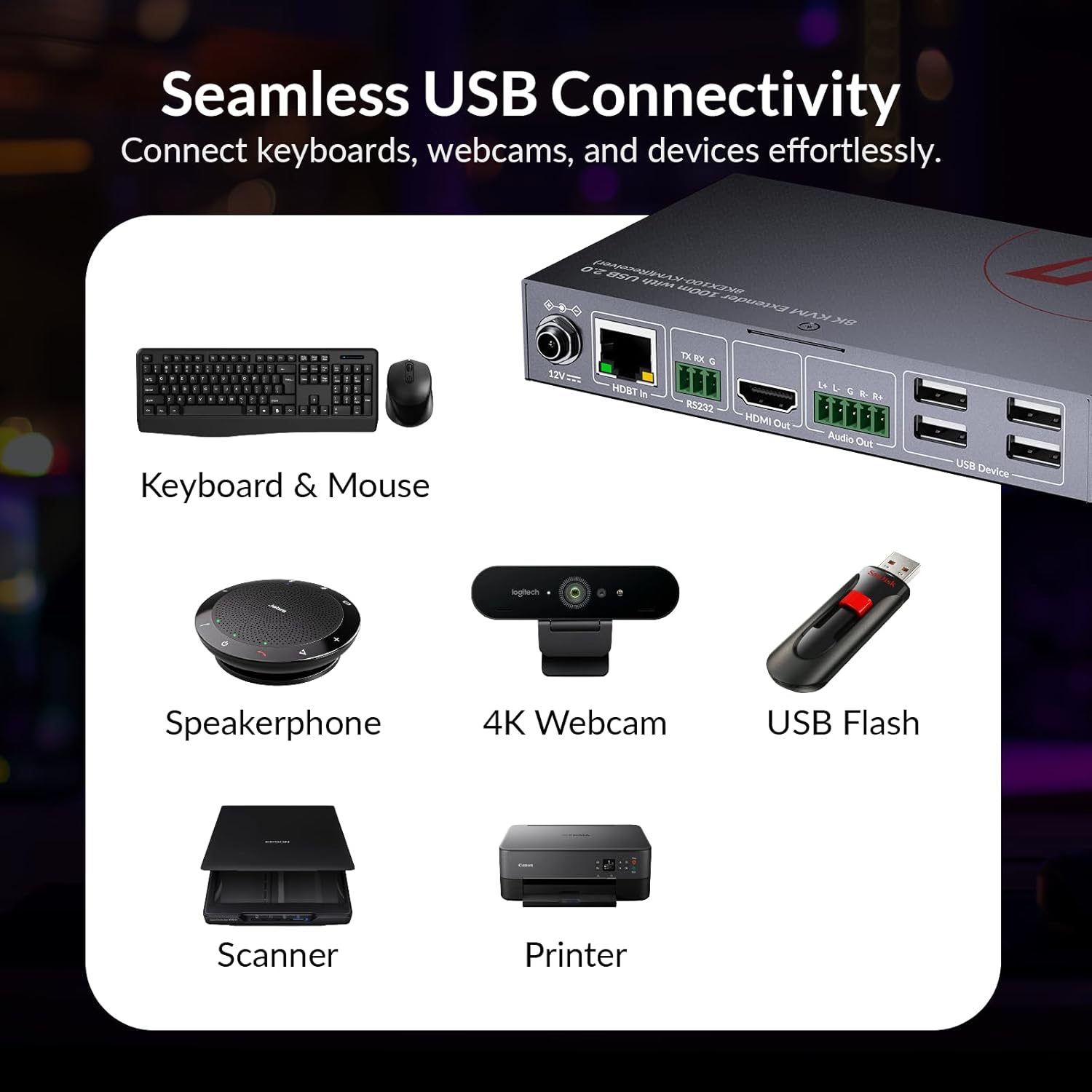 AV Access 8K KVM HDMI Extender Over CAT6/7, 328ft HDBaseT Extender with 4 USB 2.0 Ports, 8K@60Hz 4:2:0, 4K@120Hz, EDID, HDCP 2.3, Audio Extraction, Zero-Latency, RS232, One-Way PoC, Plug & Play