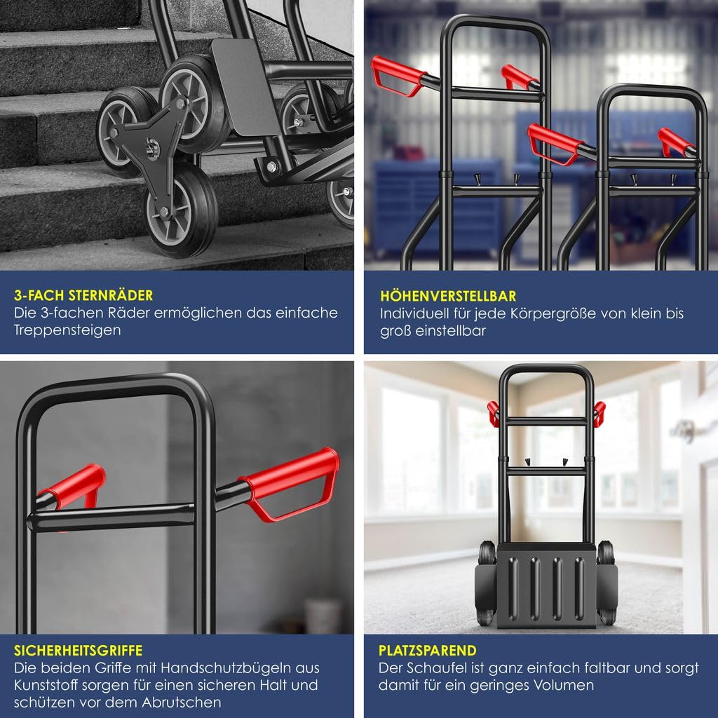 MASKO® Carretilla para escaleras, 200 kg, Carretilla de Transporte para Subir escaleras, Plegable, Ruedas de Goma Dura, Asas de plástico, Marco de Acero
