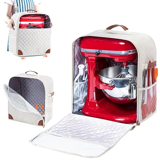 BAGSPRITE Stand Mixer Cover with Appliance Sliders Base Compatible with KitchenAid Mixer-Storage Bag for 4.5/5 Quart with Pockets for Kitchen Aid Accessories and Attachments