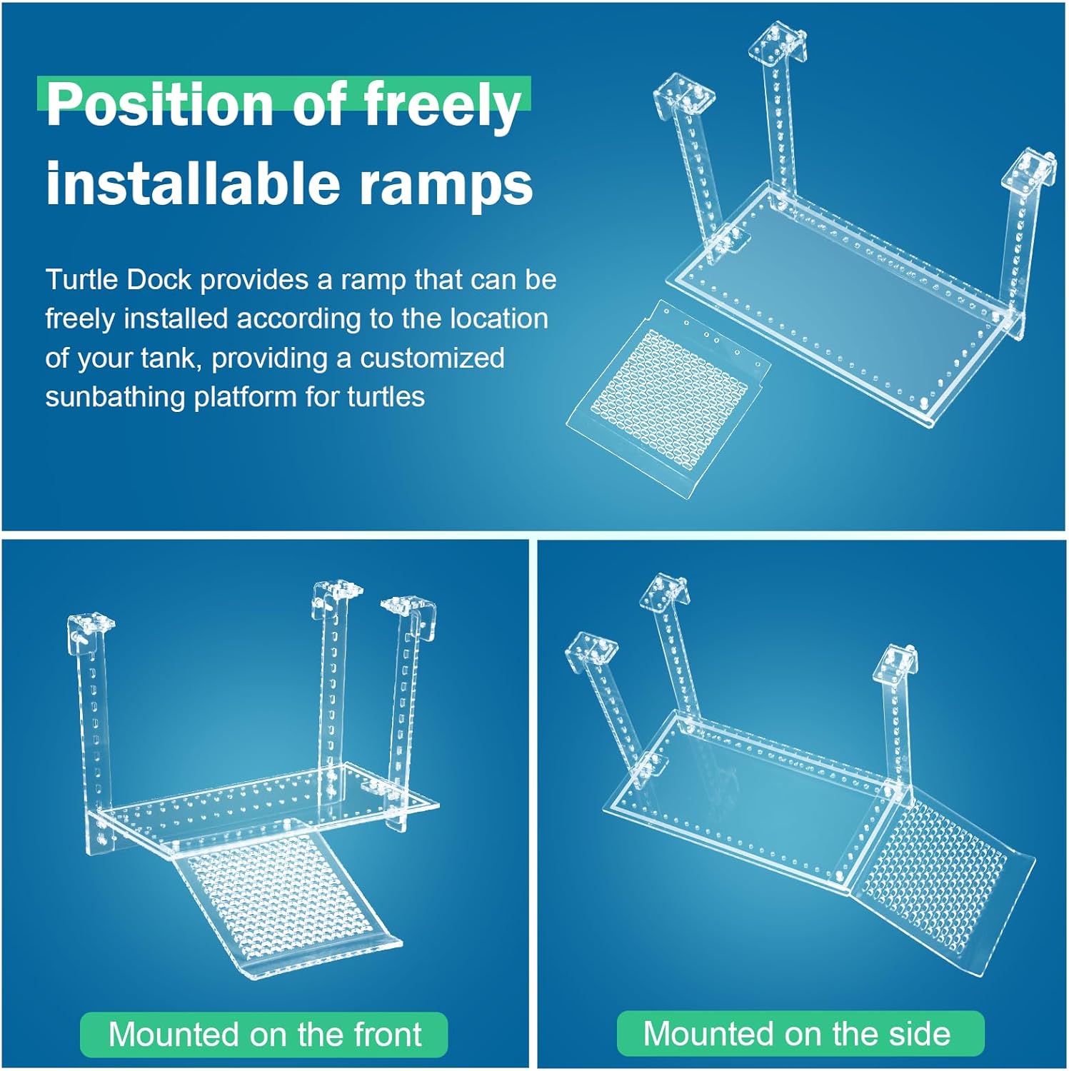 Turtle Docks Large Adjustable Turtle Basking Platform for Aquatic Turtles, Slip-Resistant Ramp, Stable Structure, Fits 0.3"-2" Thick Tanks, Adjustable Ramp Angle(13'' x 6.9'')
