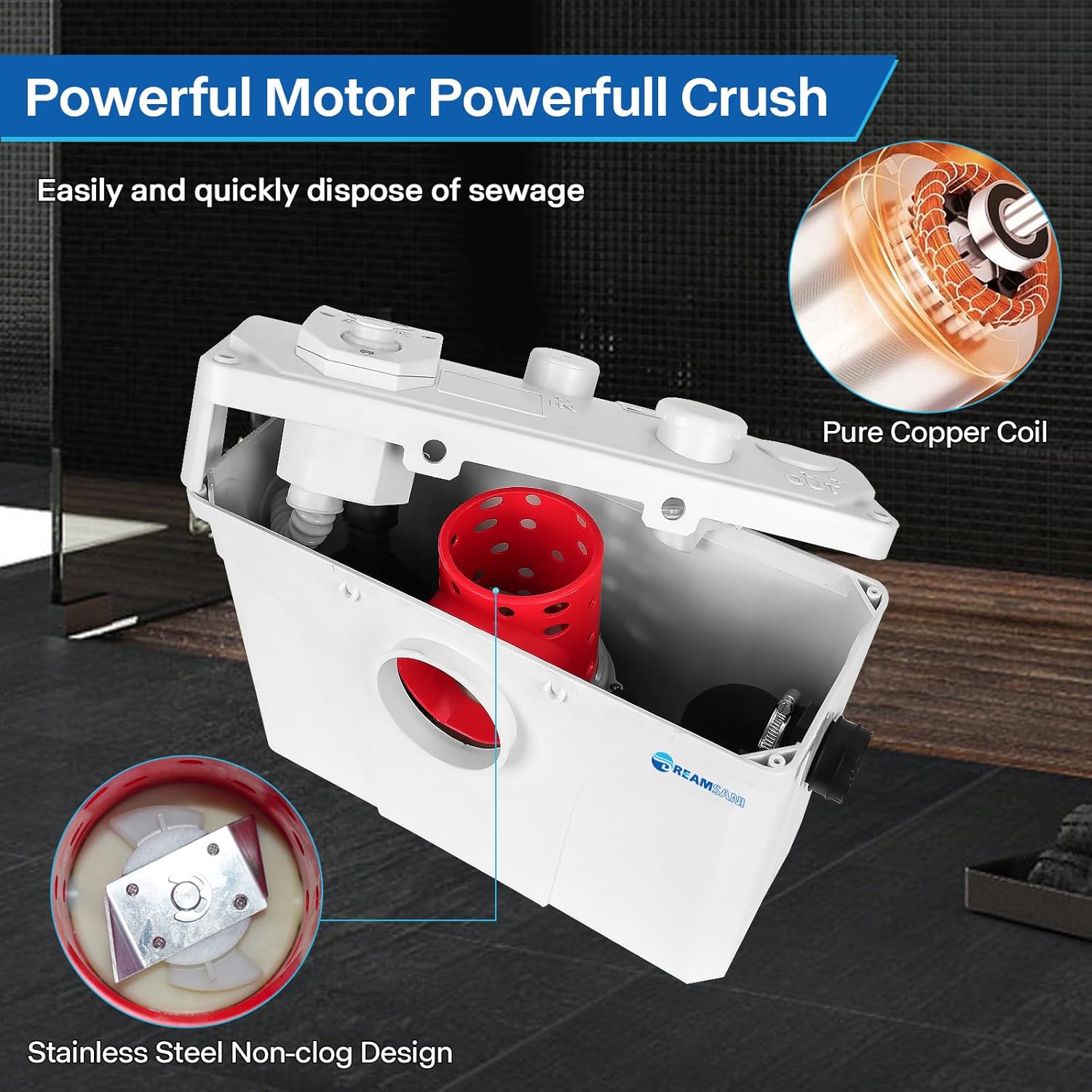 Macerating Toilet with Macerator Pump, Energy-Saving Upflush Toilet for Basement with Bidet Attachment, Extension Pipe, Toilet Tank 4 Water Inlets for Bathroom